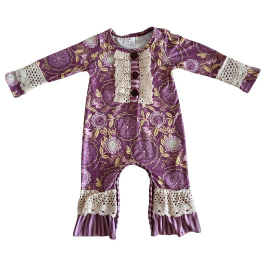 Girl Purple Print Floral and Lace Long Sleeve Baby Romper