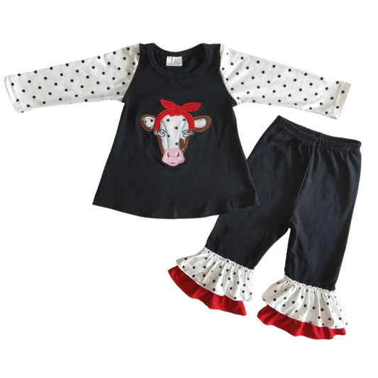 Adorable Embroidered Black & White Cow Boutique Set