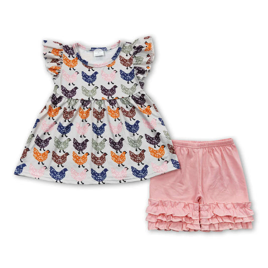 Gray & Pink Chicken Shorts Outfit Set