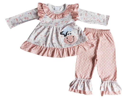 Embroidered Cow Ruffle Girls Boutique Outfit Set