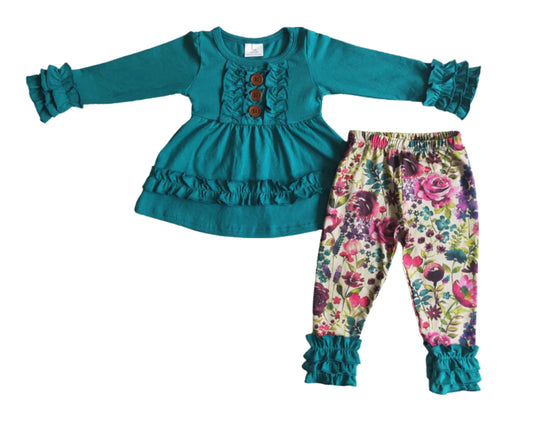 Teal Floral Tunic Icing Ruffle Boutique Outfit Set
