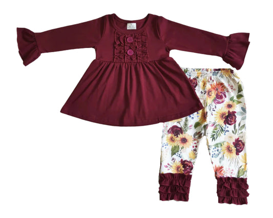 Burgundy Floral Tunic Icing Ruffle Boutique Outfit Set