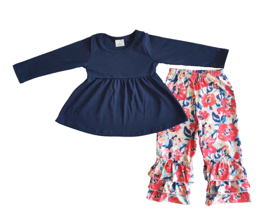 Navy Tunic Floral Icing Ruffle Boutique Outfit Set